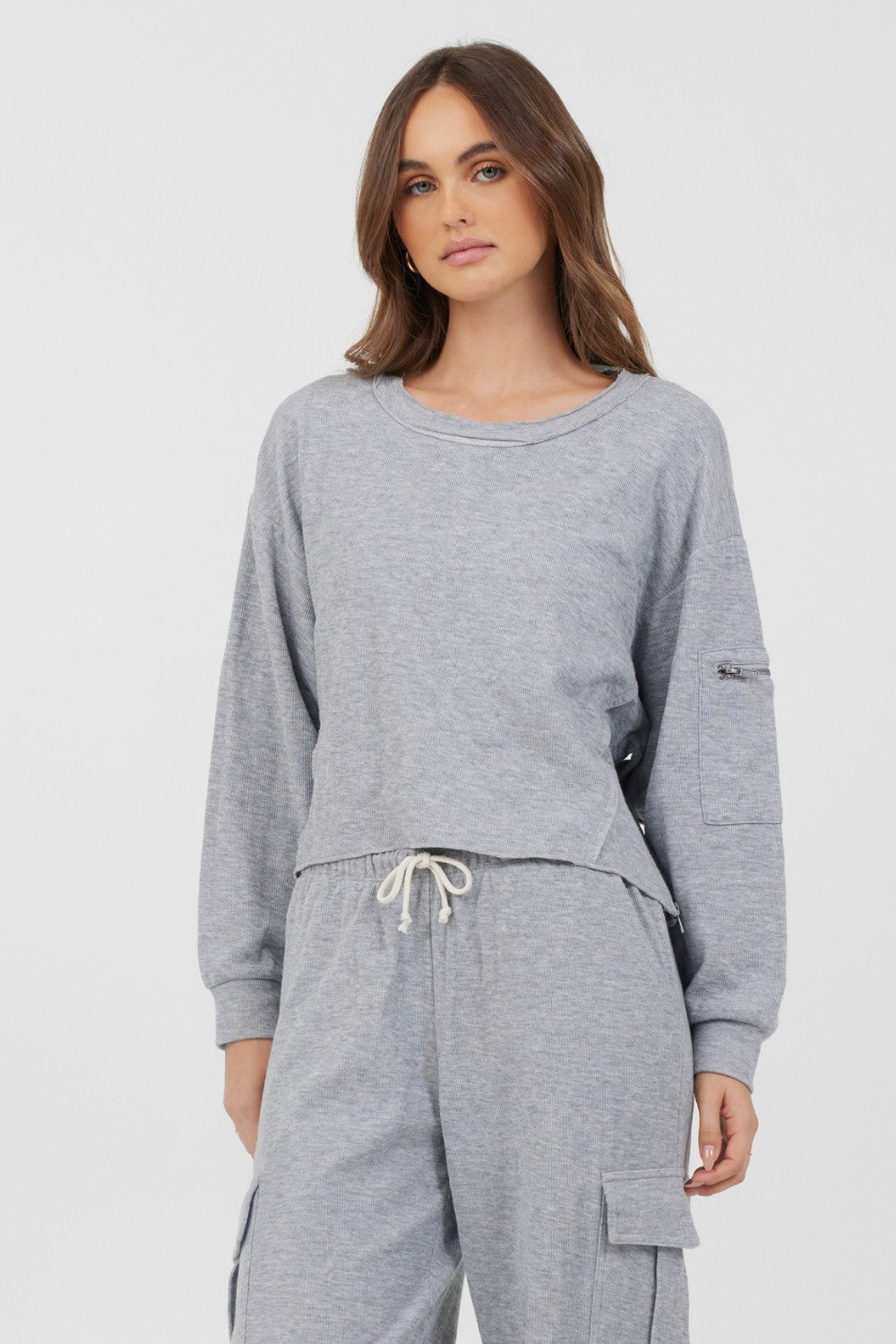 Heather Grey Bounded Textured Jersey Utility Crewneck | Vintage Havana Women