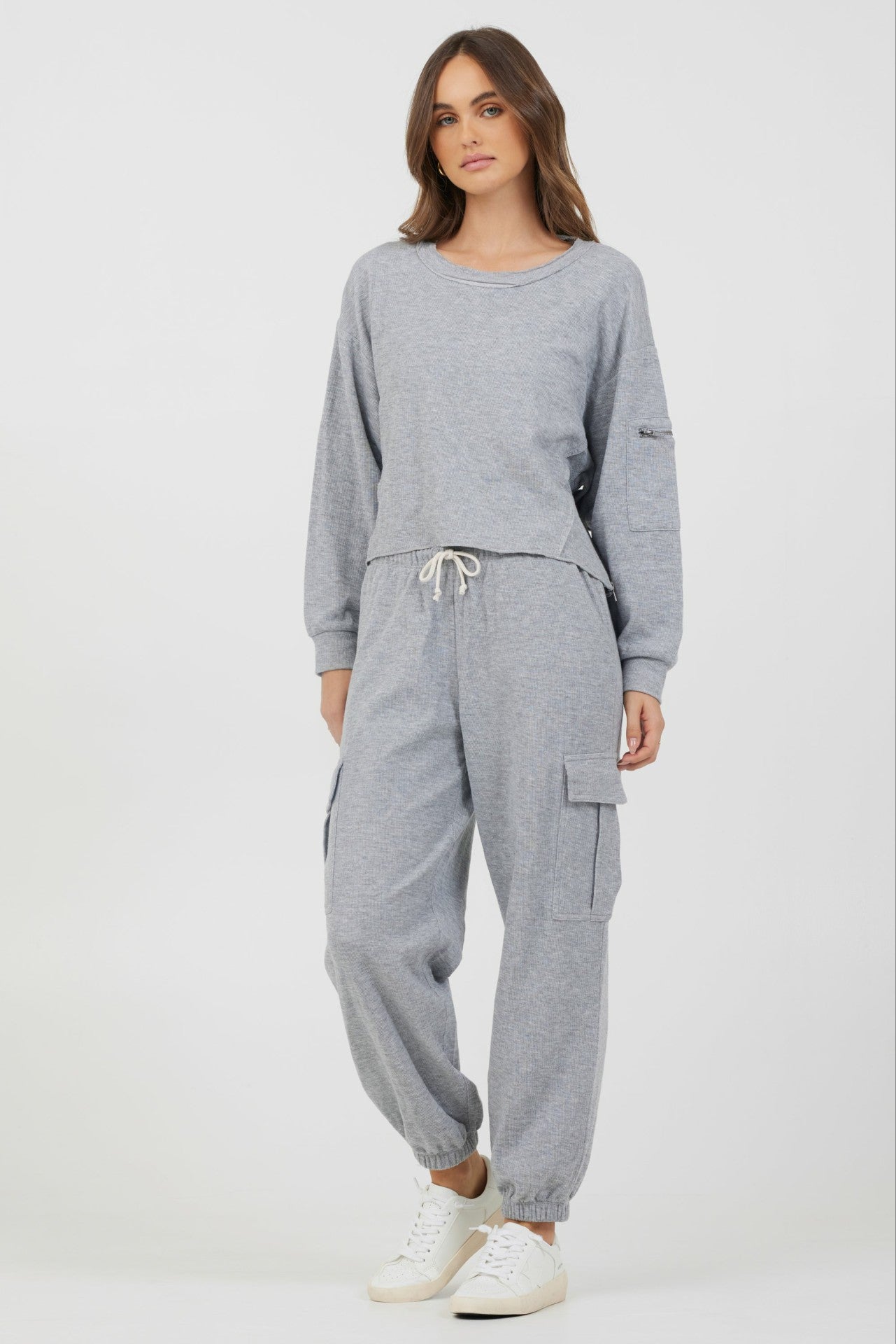Heather Grey Bounded Textured Jersey Utility Crewneck | Vintage Havana Women
