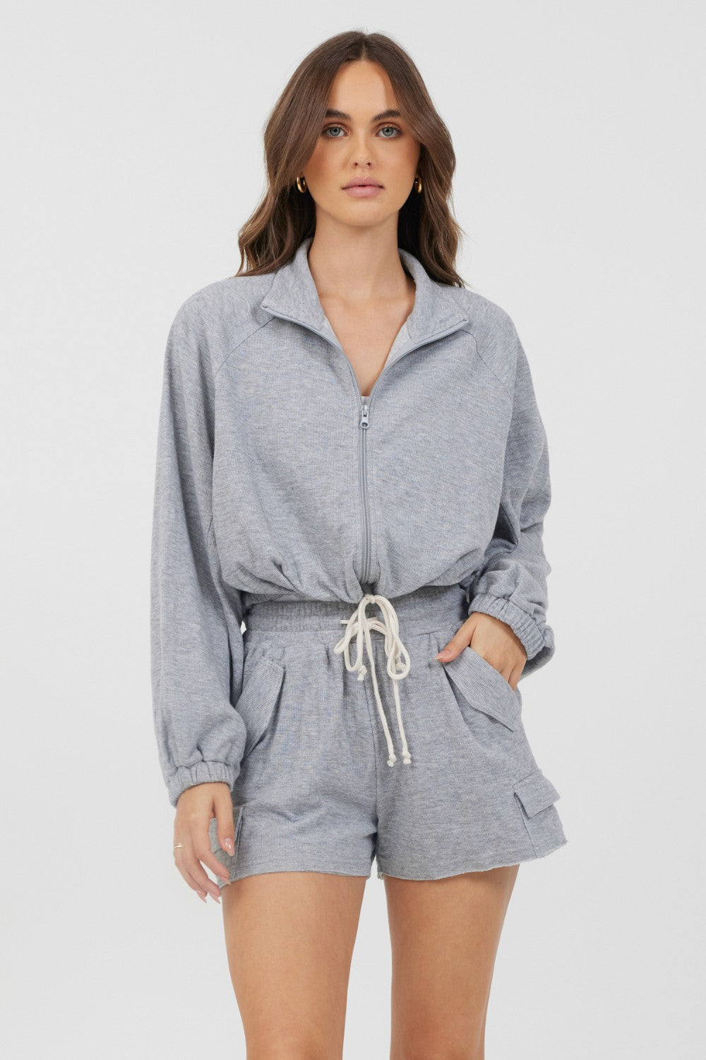Heather Grey Bounded Textured Jersey Zip Up W/ Tie | Vintage Havana Women