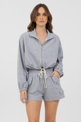 Heather Grey Bounded Textured Jersey Zip Up W/ Tie | Vintage Havana Women