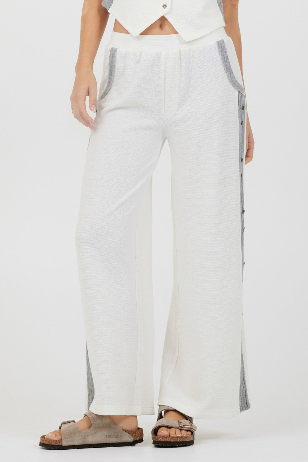 Cream Heather Grey Texture Knit Pant W Contrast Rib | Vintage Havana Women