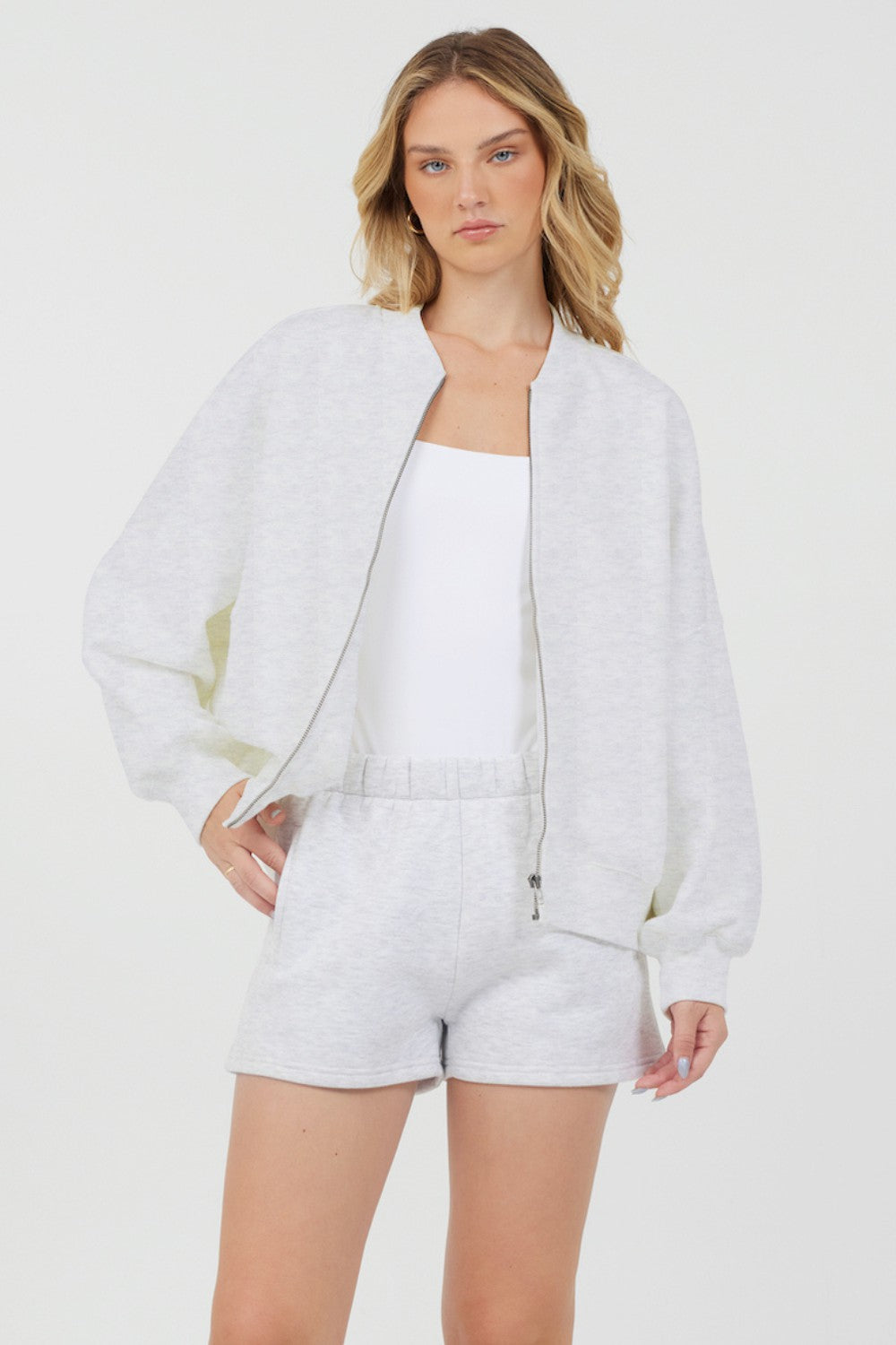 Grey Icicle Essential Fleece Zip Up Bomber | Vintage Havana Women
