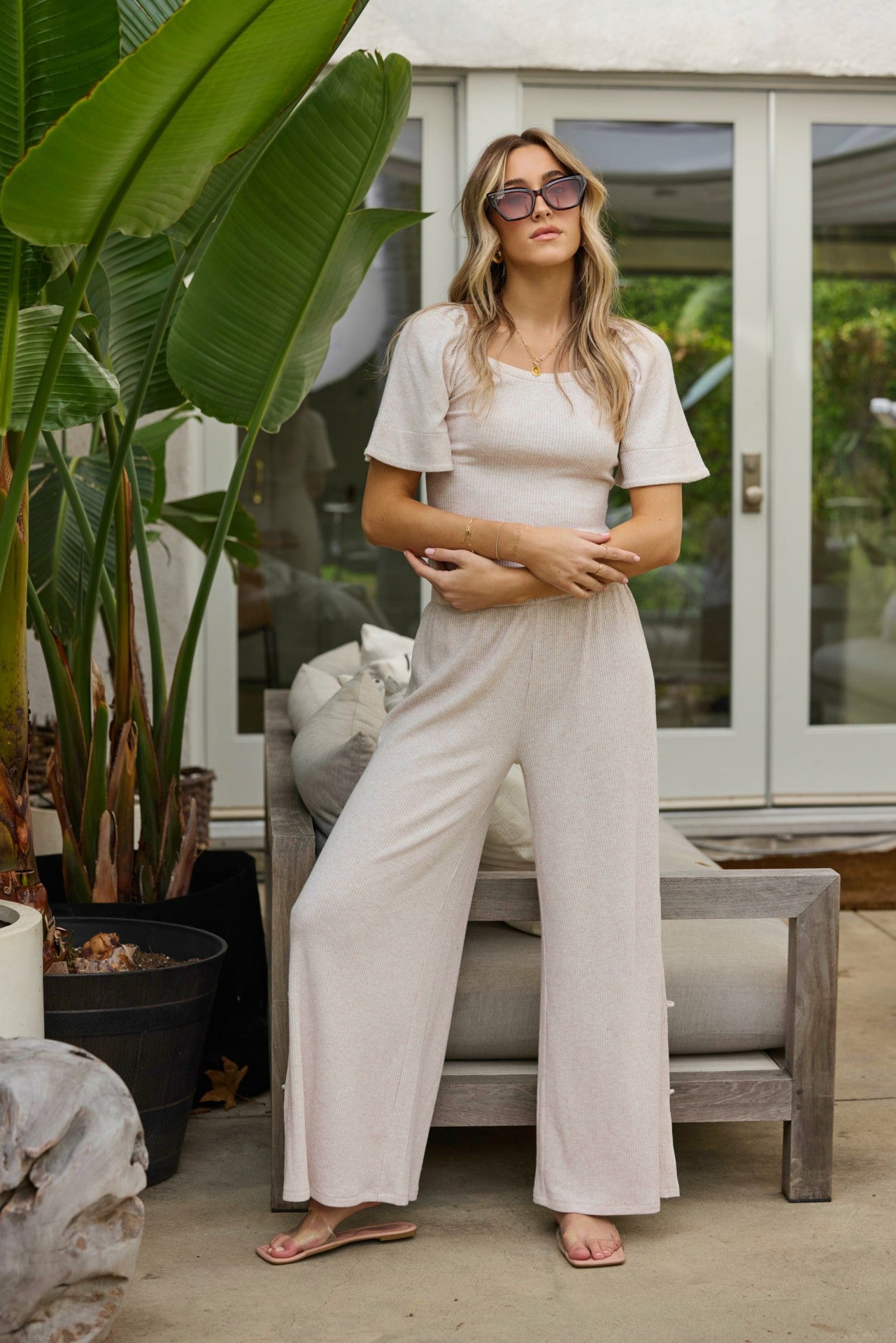 Heather Oatmeal Drapey Knit Cut Out Pants | Vintage Havana Women