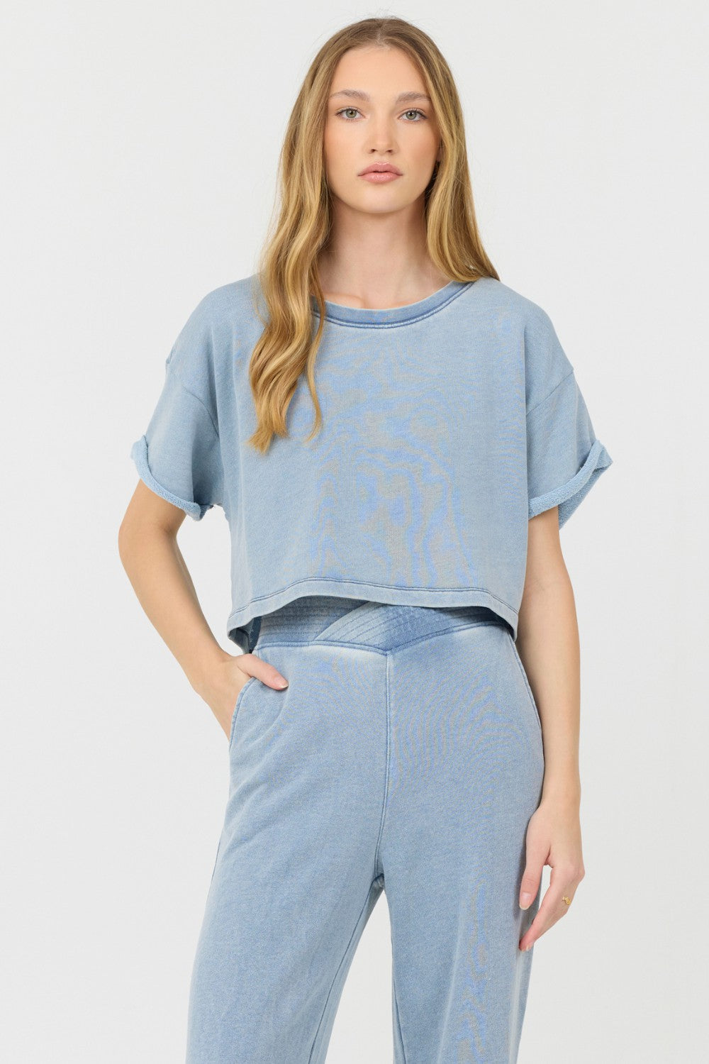 Washed Denim Terry Fleece Cropped Shirt | Vintage Havana Women