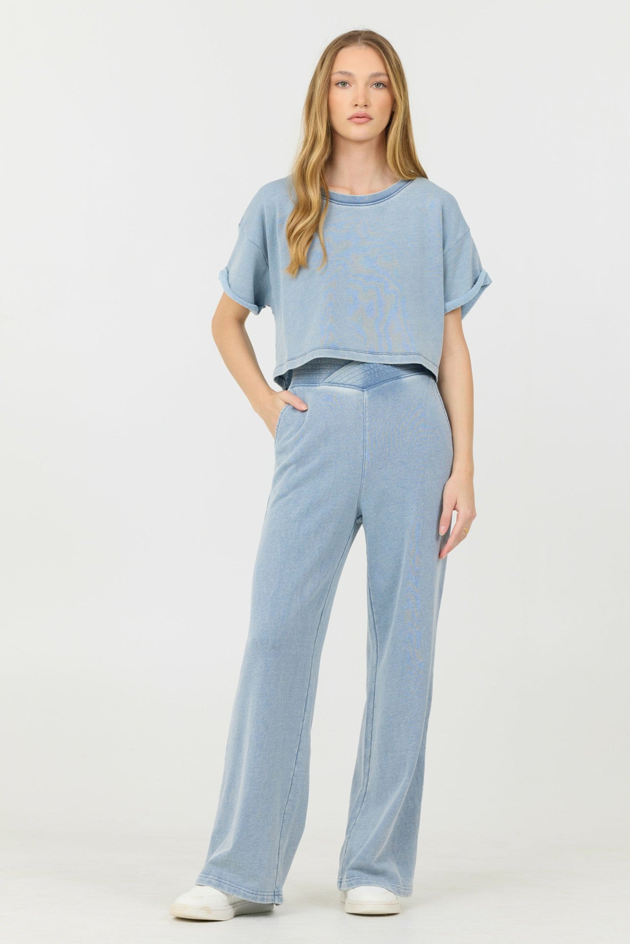 Washed Denim Terry Fleece Cropped Shirt | Vintage Havana Women