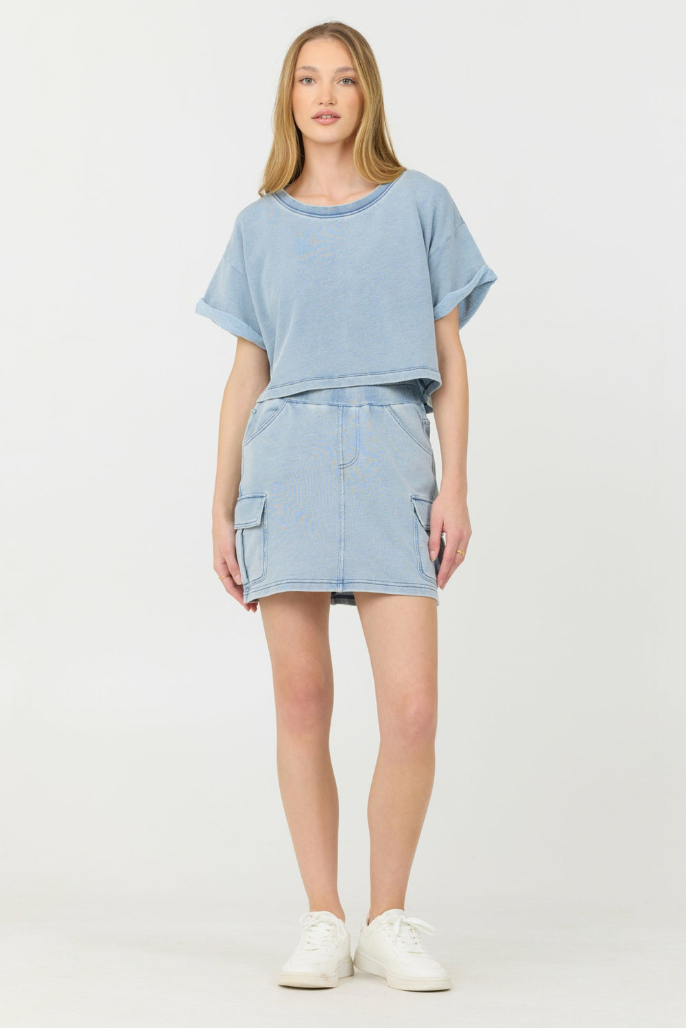Washed Denim Terry Fleece Cargo Skirt | Vintage Havana Women