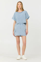 Washed Denim Terry Fleece Cargo Skirt | Vintage Havana Women