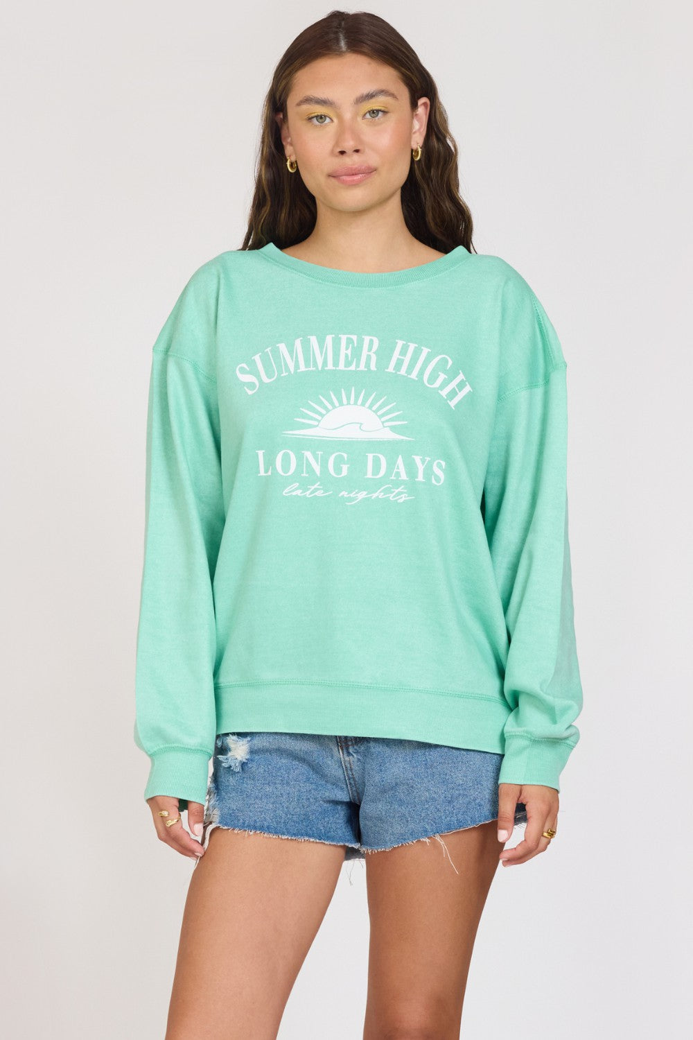 "Summer High" Surf Green Burnout Fleece Crewneck | Vintage Havana Women