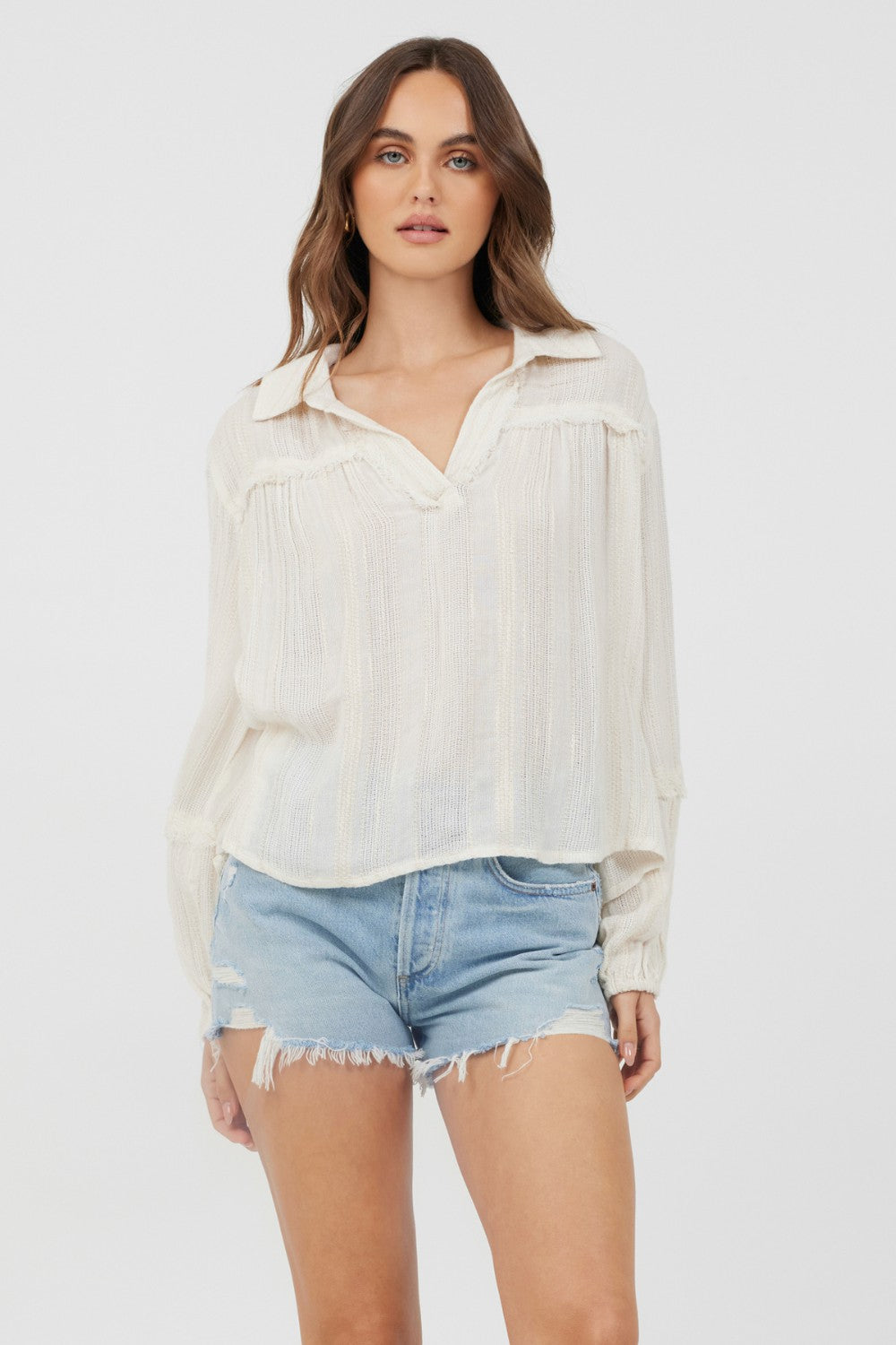 Ivory Multi Texture Polo Blouse | Vintage Havana Women