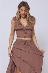 Washed Mocha Rayon Crinkle Flutter Sleeve Top | Vintage Havana Women