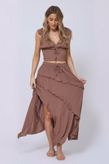 Washed Mocha Rayon Crinkle Ruffle Maxi Skirt | Vintage Havana Women