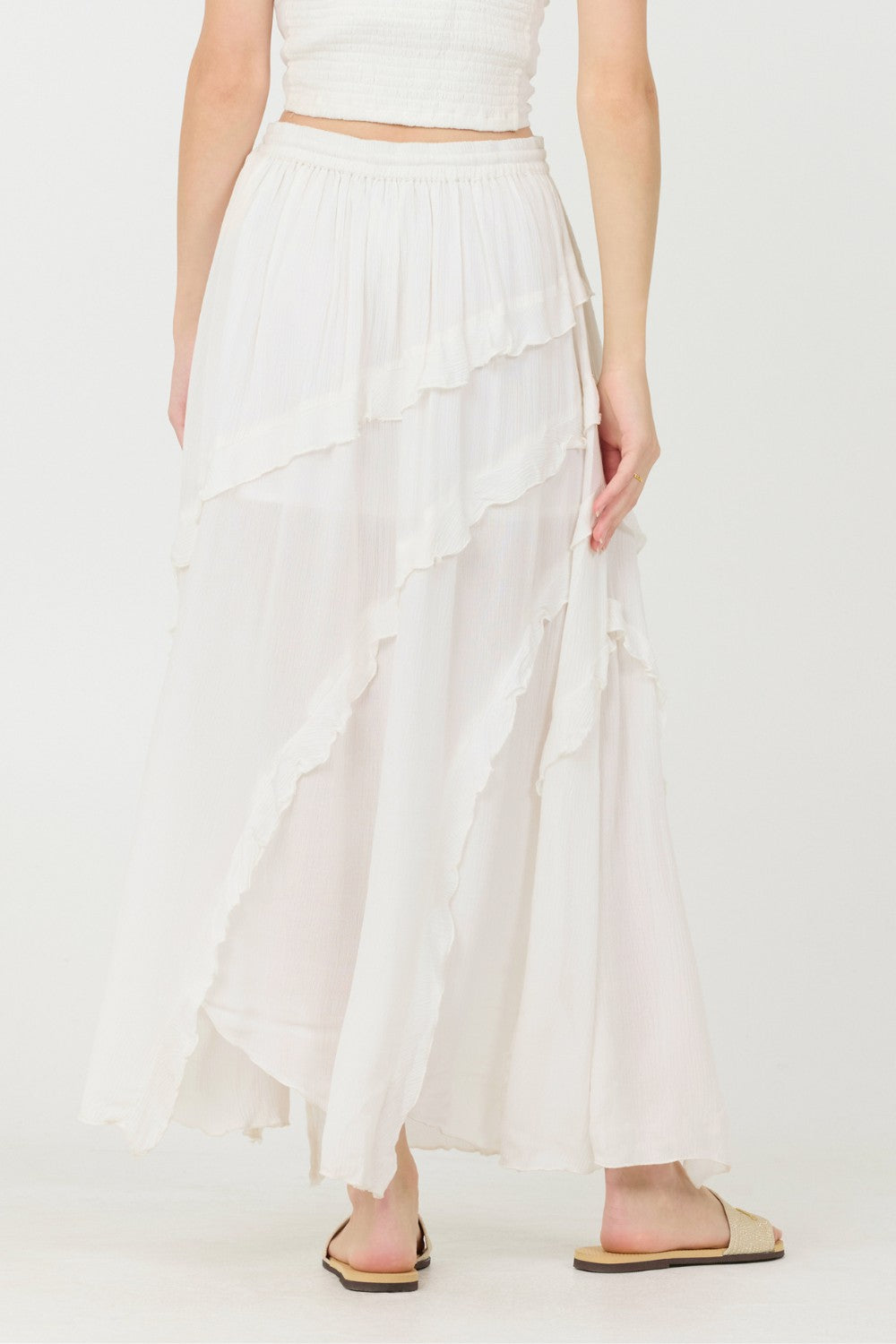Clean White Rayon Crinkle Ruffle Maxi Skirt | Vintage Havana Women