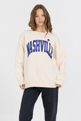 Cream W/ Royal Blue Garment Dye Fleece Crew W/ Glitter Print | Vintage Havana Women