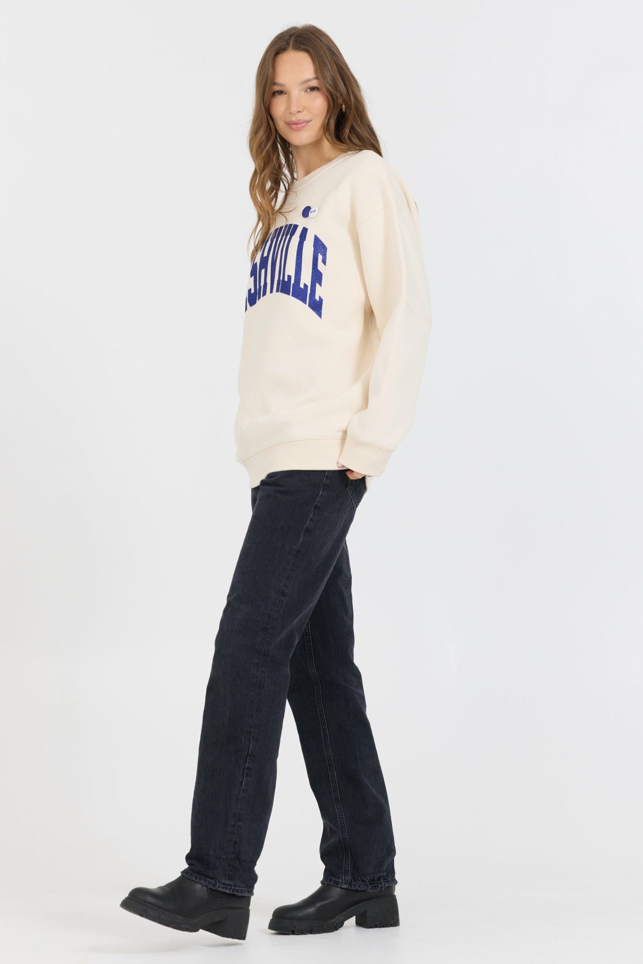 Cream W/ Royal Blue Garment Dye Fleece Crew W/ Glitter Print | Vintage Havana Women