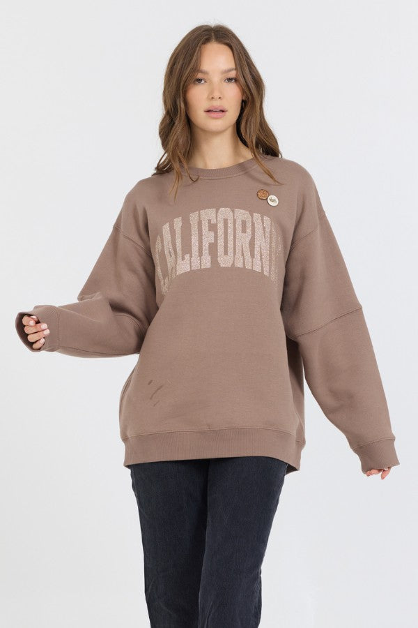 Taupe W/ Rose Gold Garment Dye Fleece Crew W/ Glitter Print | Vintage Havana Women