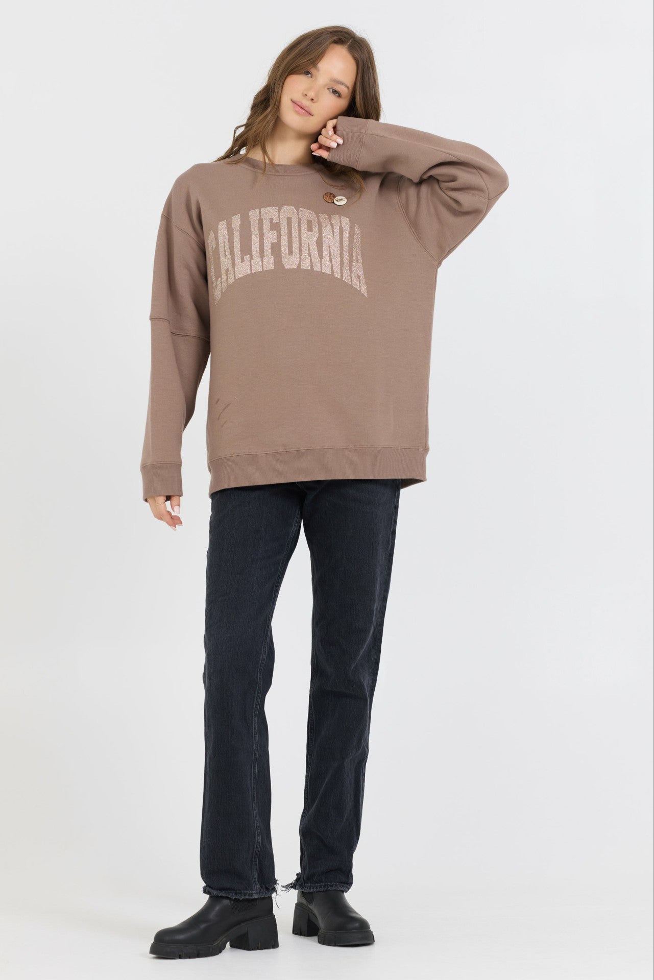 Taupe W/ Rose Gold Garment Dye Fleece Crew W/ Glitter Print | Vintage Havana Women