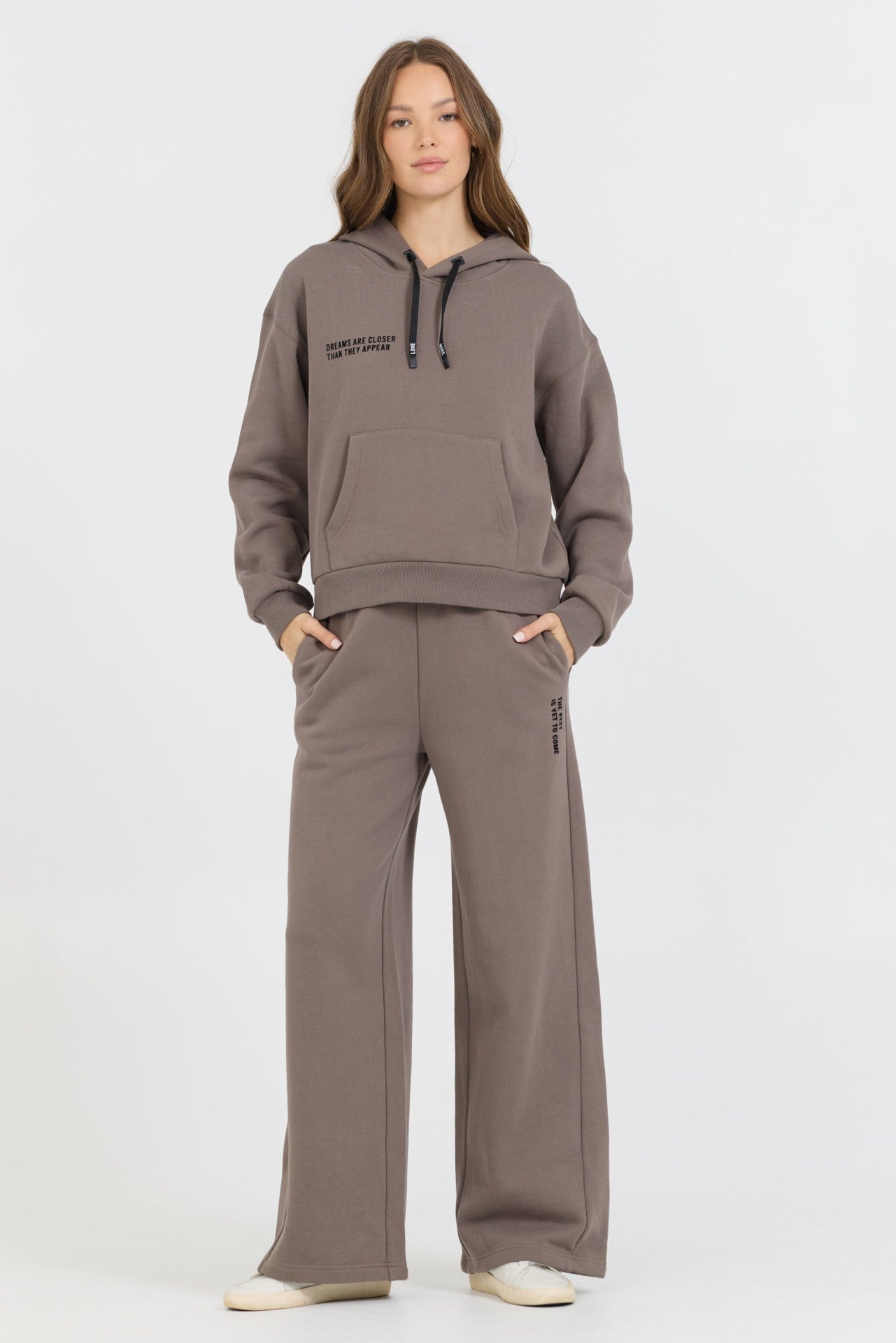 Taupe Grey Fleece Flare Pant W/ Flocking Details | Vintage Havana Women