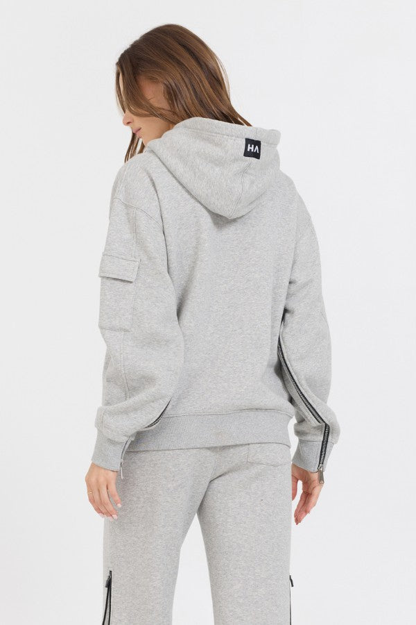 Pure Grey Contrast Black Zipper Hoodie | Vintage Havana Women