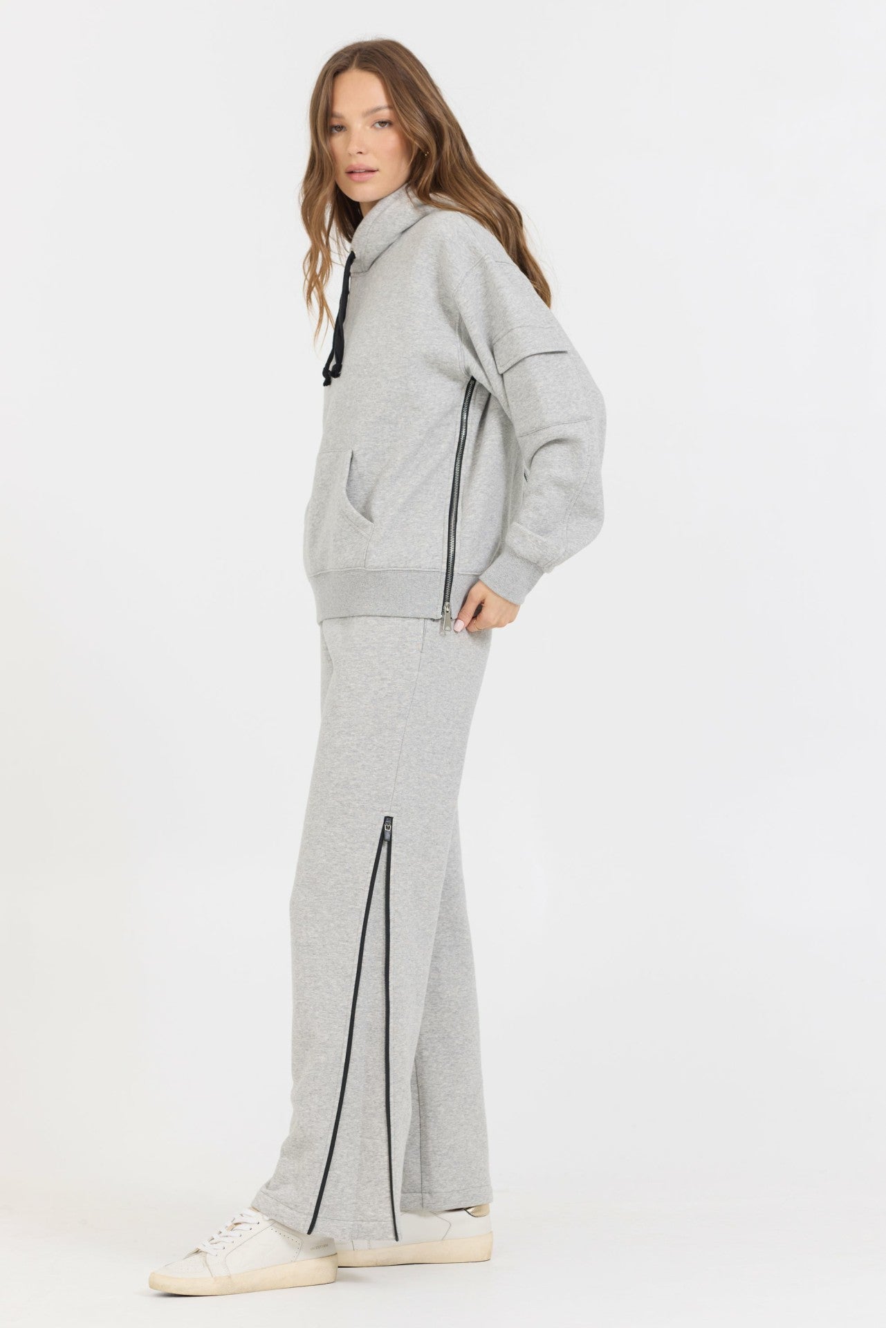 Pure Grey Contrast Black Zipper Hoodie | Vintage Havana Women