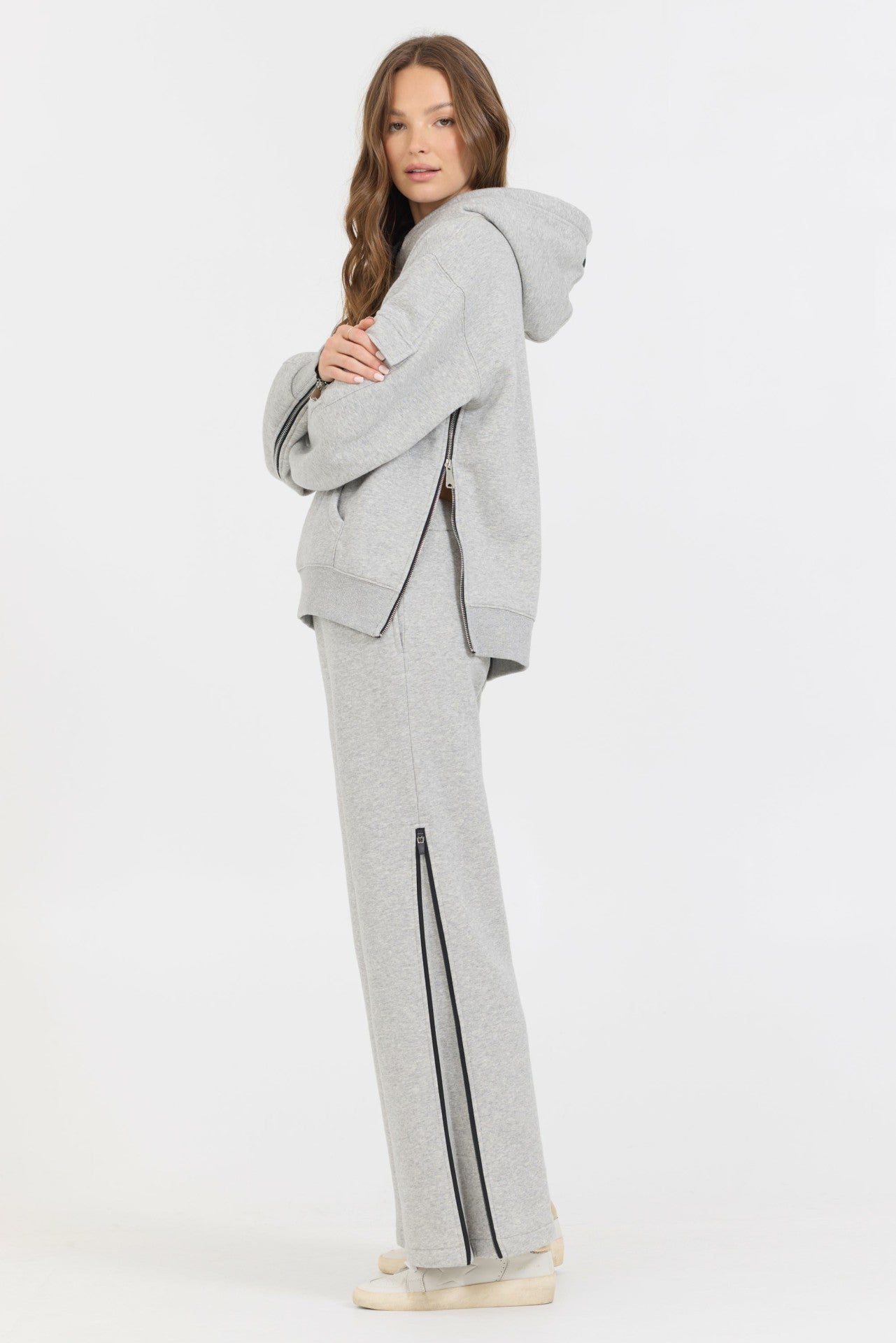 Pure Grey Contrast Black Zipper Hoodie | Vintage Havana Women