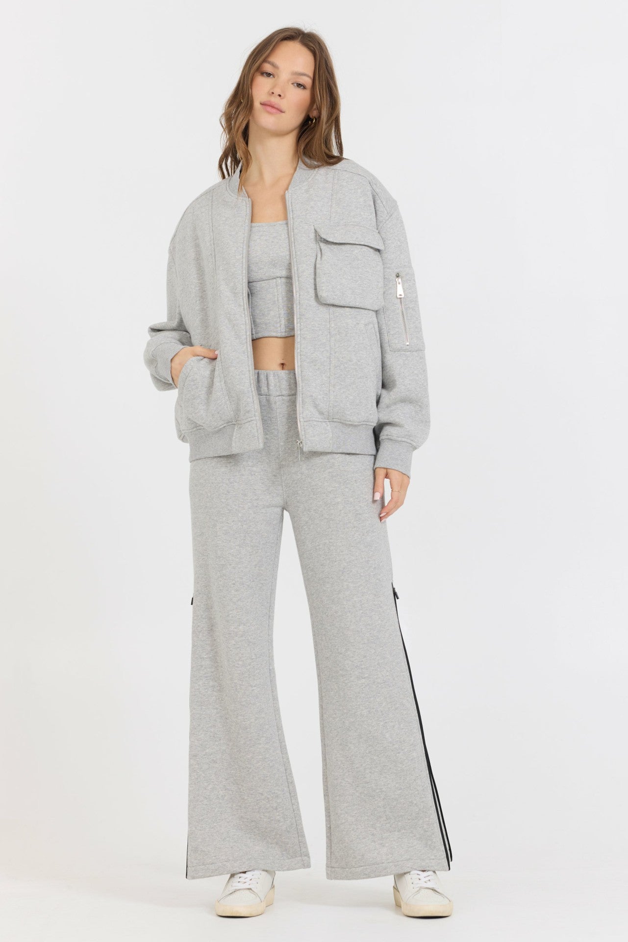 Pure Grey Contrast Black Zipper Flare Pant | Vintage Havana Women