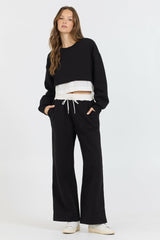 Black/ White Essential Fleece Pant W/ Poplin Waist | Vintage Havana Women