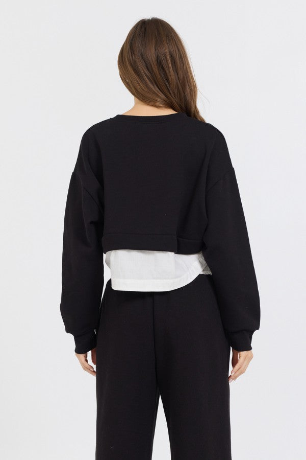 Black/ White Essential Fleece Crewneck W/ Poplin Insert | Vintage Havana Women
