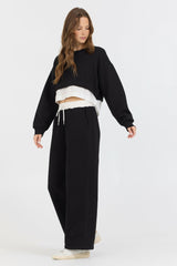 Black/ White Essential Fleece Crewneck W/ Poplin Insert | Vintage Havana Women
