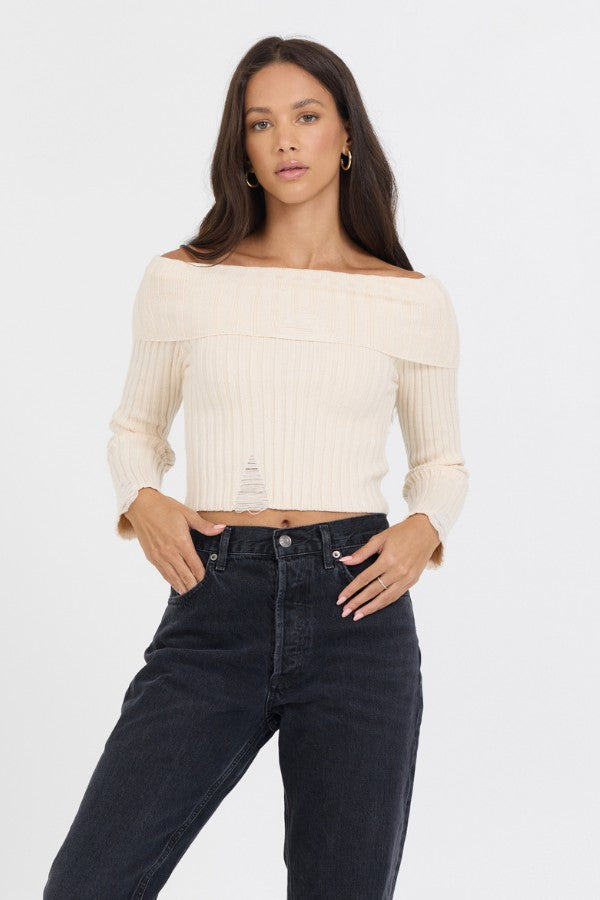 Ivory Distressed Off Shoulder Sweater | Vintage Havana Women