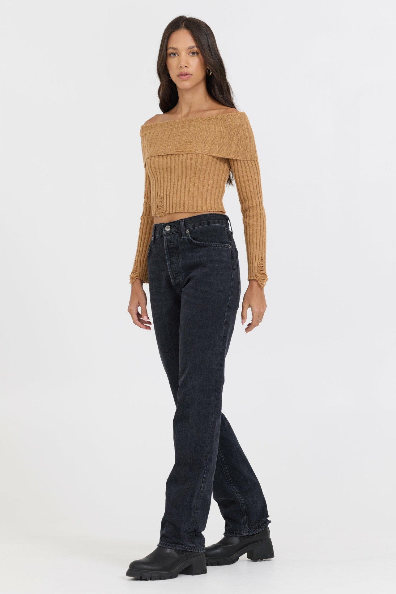 Caramel Distressed Off Shoulder Sweater | Vintage Havana Women