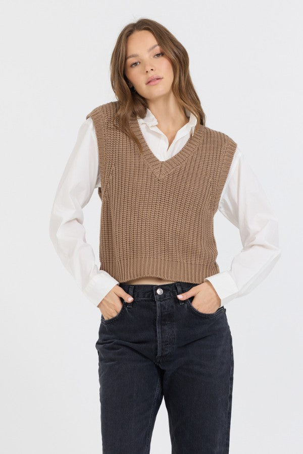 Toffee W/ White Twofer Cropped Sweater Vest | Vintage Havana Women
