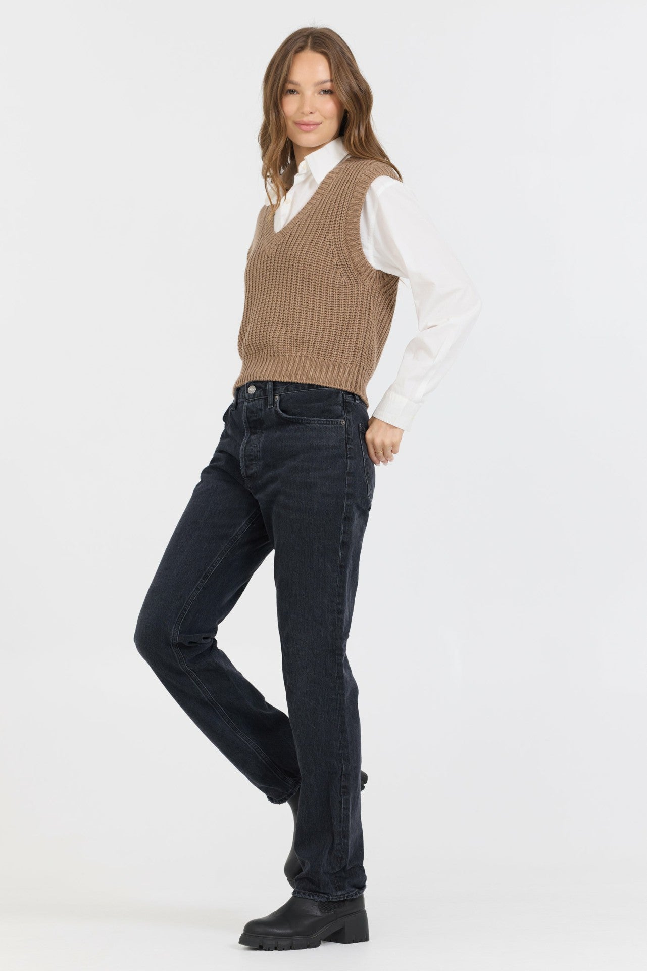 Toffee W/ White Twofer Cropped Sweater Vest | Vintage Havana Women