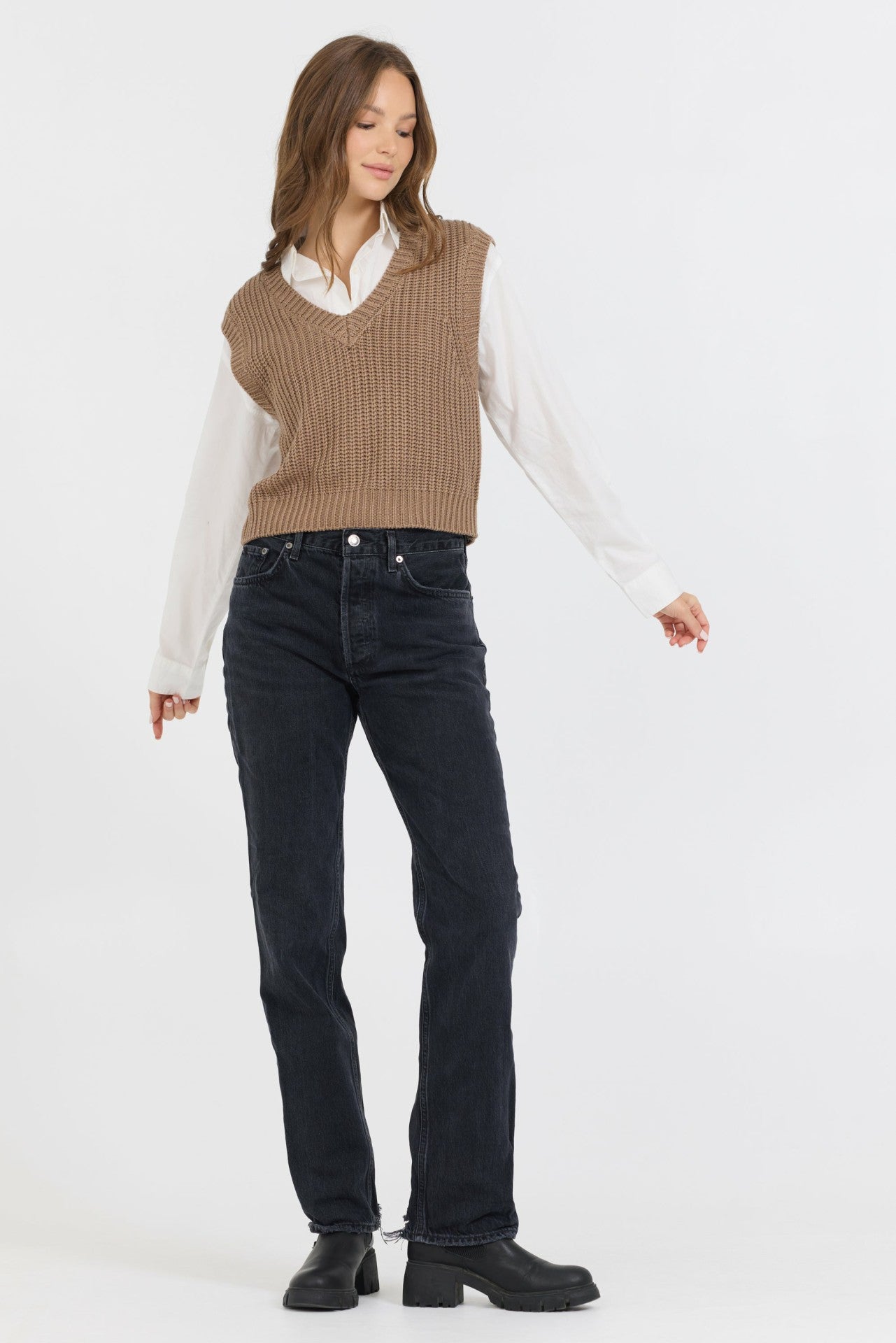 Toffee W/ White Twofer Cropped Sweater Vest | Vintage Havana Women