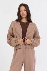 Caramel Latte Brushed Fleece Zip Up W/ Snap Sleeves | Vintage Havana Women