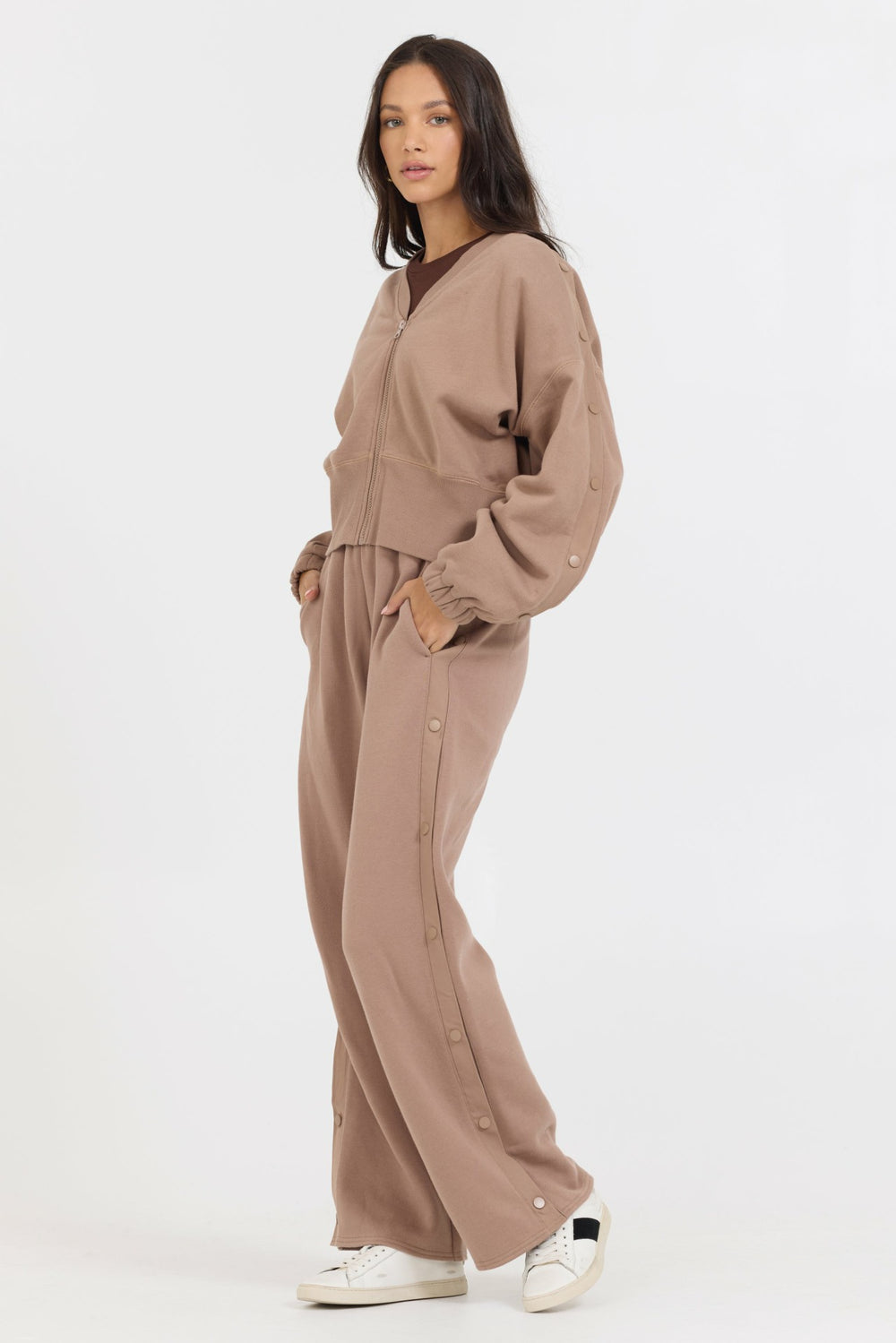 Caramel Latte Brushed Fleece Zip Up W/ Snap Sleeves | Vintage Havana Women
