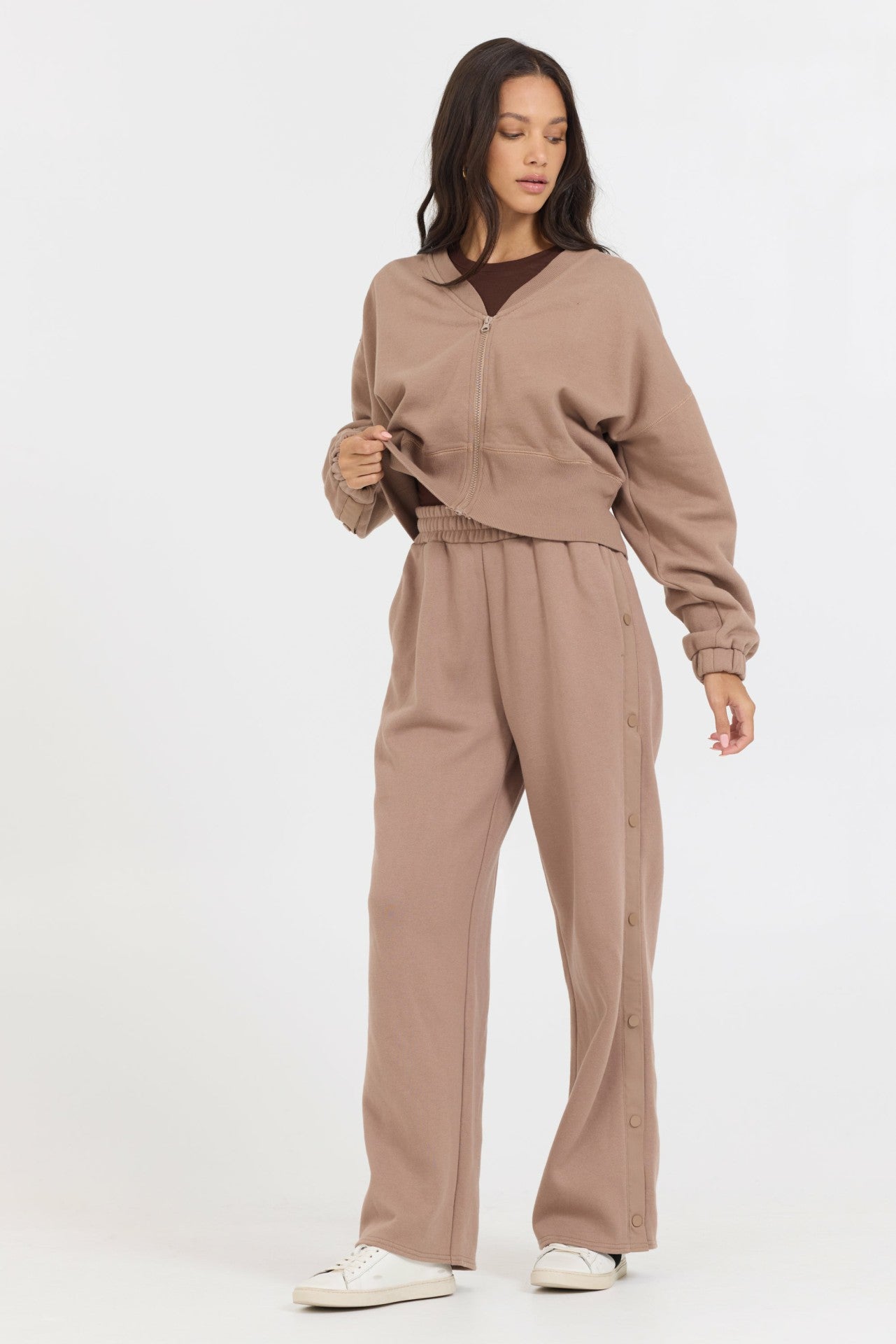 Caramel Latte Brushed Fleece Zip Up W/ Snap Sleeves | Vintage Havana Women