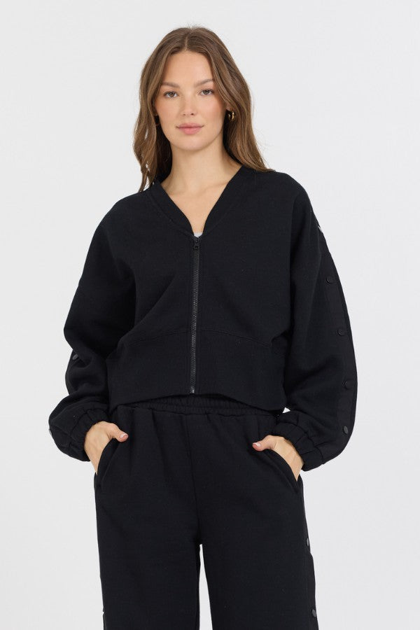 Black Brushed Fleece Zip Up W/ Snap Sleeves | Vintage Havana Women