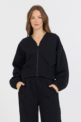 Black Brushed Fleece Zip Up W/ Snap Sleeves | Vintage Havana Women