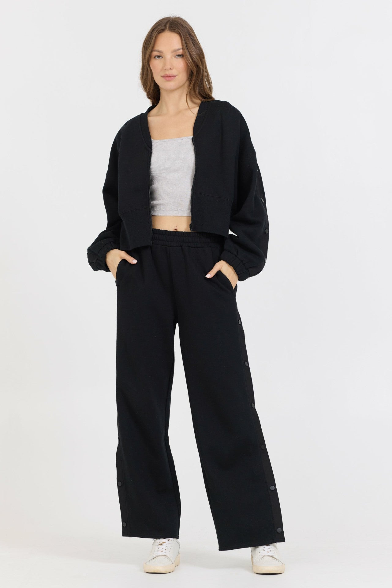 Black Brushed Fleece Zip Up W/ Snap Sleeves | Vintage Havana Women