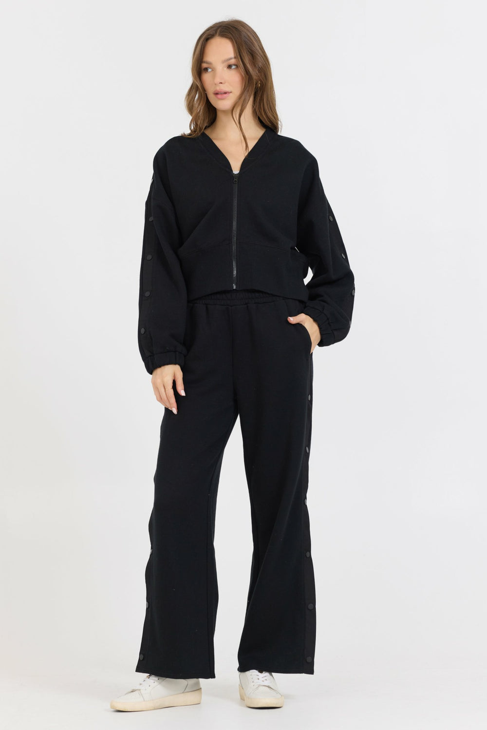 Black Brushed Fleece Zip Up W/ Snap Sleeves | Vintage Havana Women