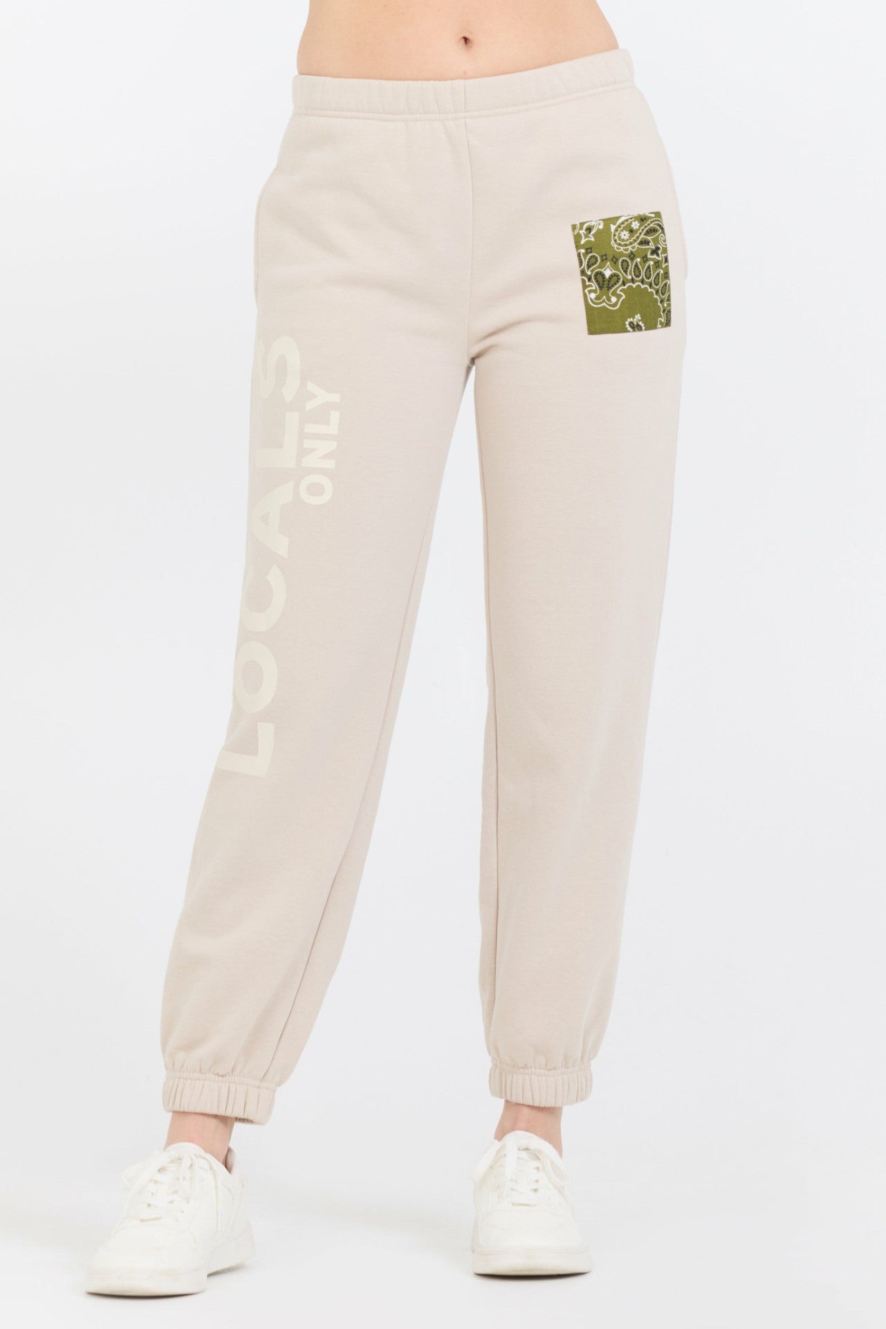 Neutral Taupe/ Olive/ Tan Bandana Patch Jogger | Vintage Havana Women