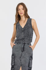 Washed Black Twill Button Front Vest Top | Vintage Havana Women