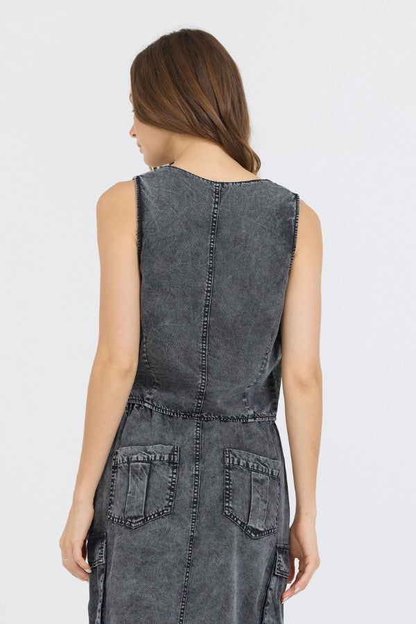 Washed Black Twill Button Front Vest Top | Vintage Havana Women