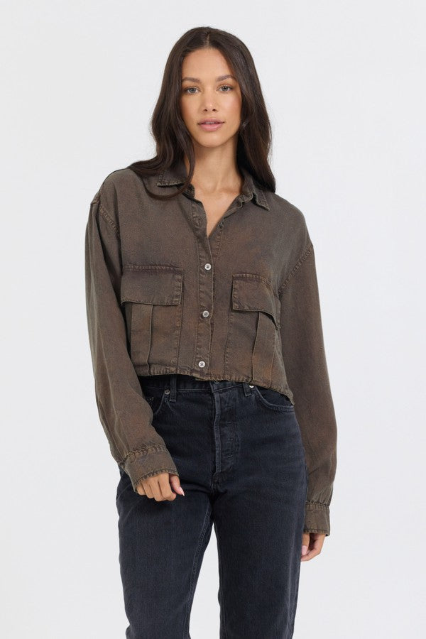 Brown Cropped Pocket Detail Shirt | Vintage Havana Women