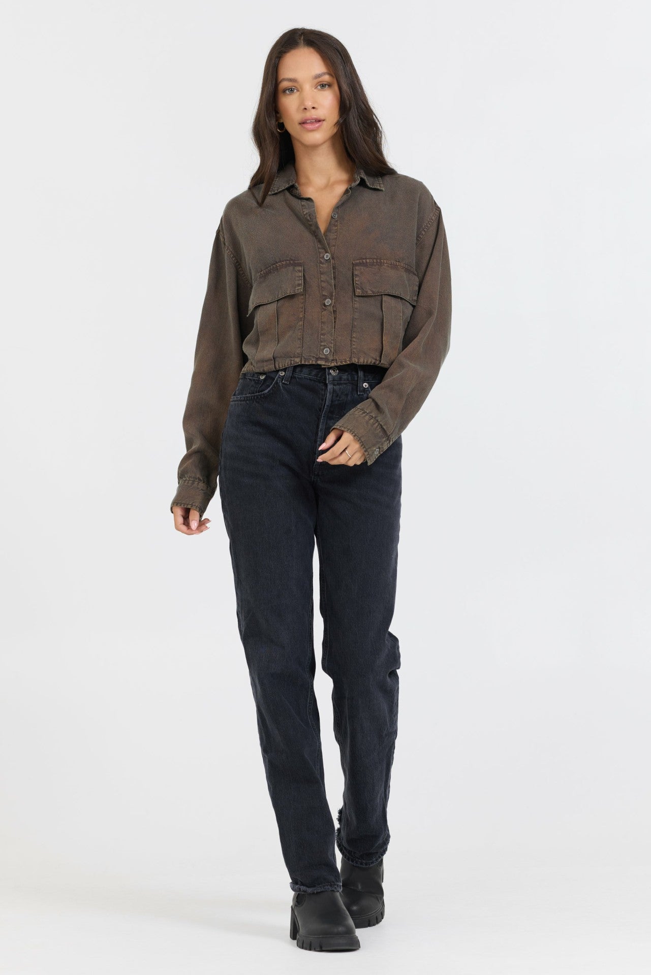 Brown Cropped Pocket Detail Shirt | Vintage Havana Women