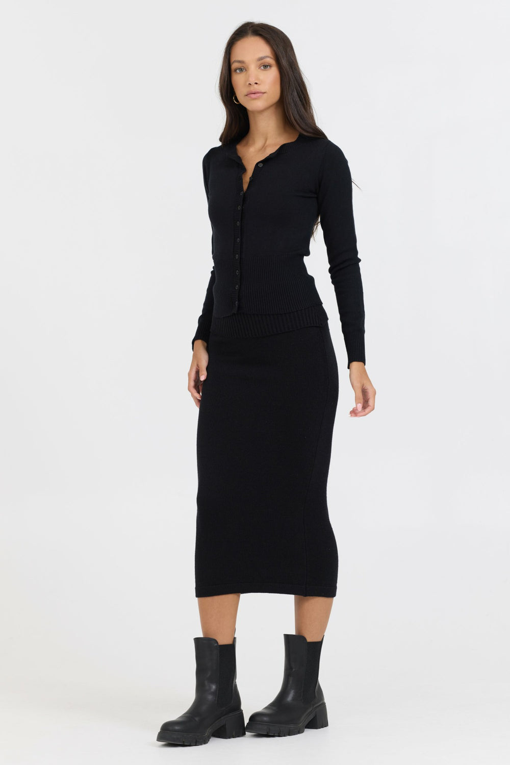 Black Slim Fit Knit Button Down | Vintage Havana Women