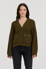 Deep Olive Fitted Utilty Cardigan | Vintage Havana Women