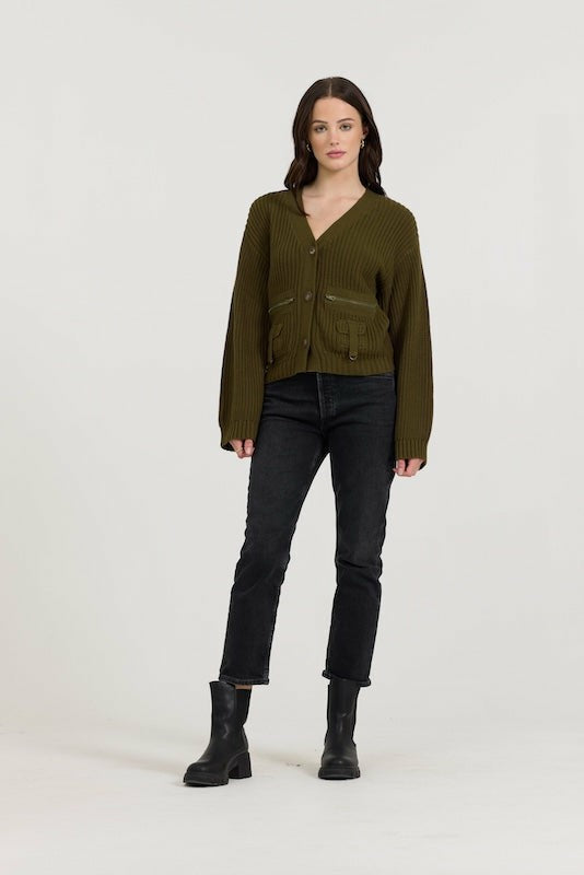 Deep Olive Fitted Utilty Cardigan | Vintage Havana Women