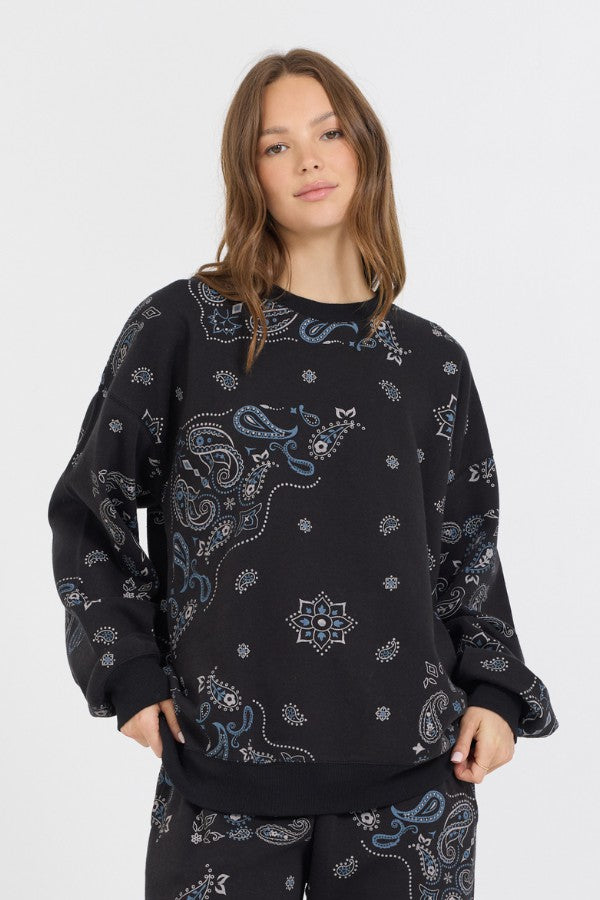 Black Bandana Printed Fleece Crewneck | Vintage Havana Women