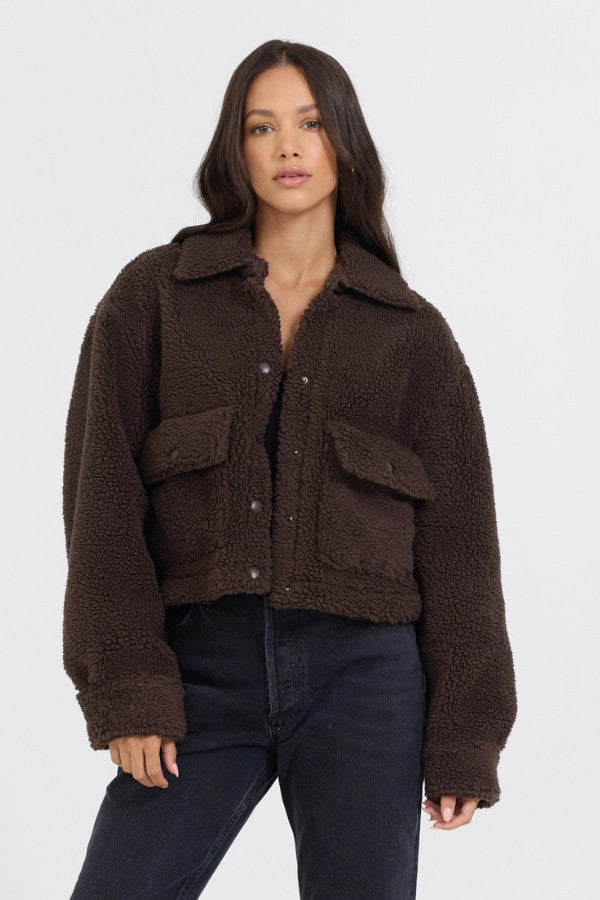 Espresso Sherpa Jacket W/ Quilted Pockets | Vintage Havana Women
